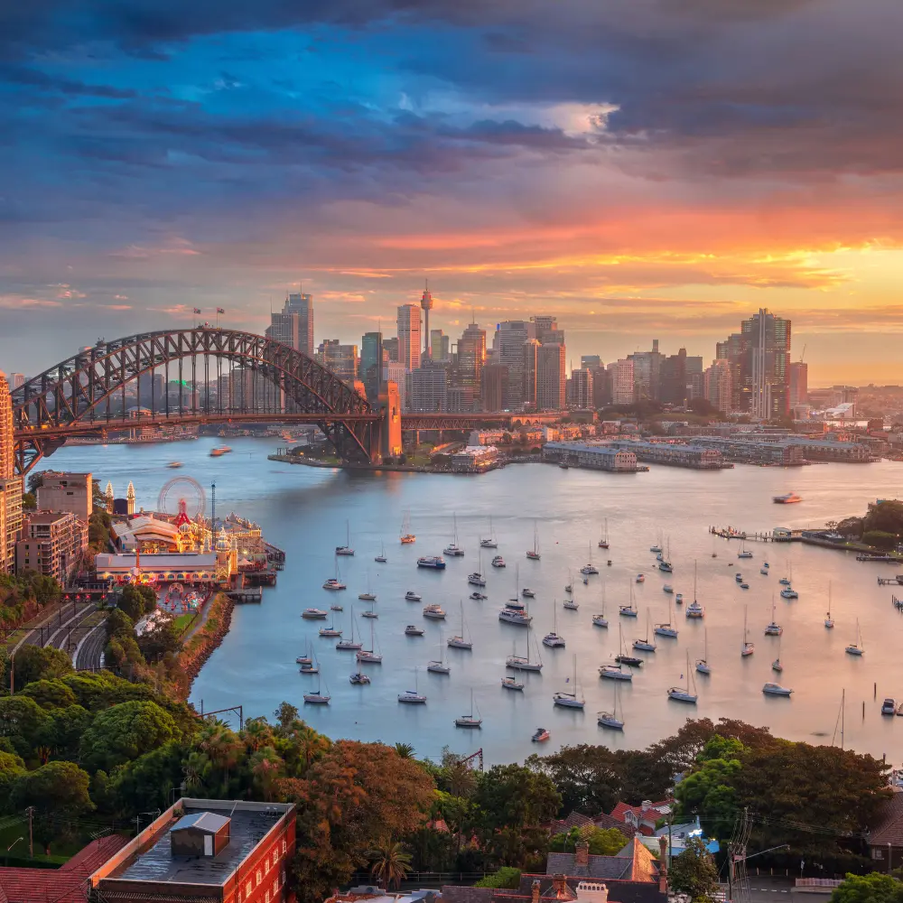 Scenic view of an Oceania coastal town with waterfront and architecture.