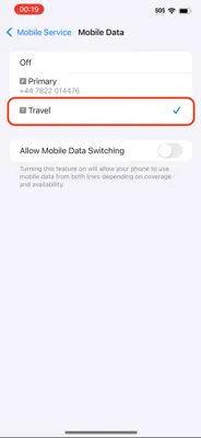 Screenshot showing the 'Mobile Data' settings with the Destination Sim eSIM selected for data usage.