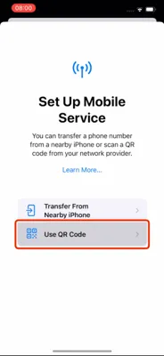 Screenshot displaying the 'Use QR Code' option for adding an eSIM.