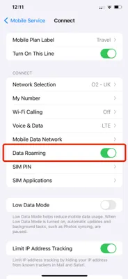 Screenshot of the Data Roaming option with the toggle switched on for the Travel eSIM.