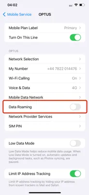Screenshot showing the 'Data Roaming' option being turned OFF in iPhone Settings.