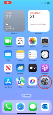 Screenshot of iPhone Settings app highlighting the 'Settings' option.