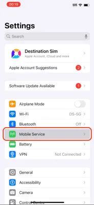 Screenshot showing the 'Mobile Service' option in settings on iPhone.