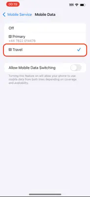 Screenshot showing the 'Mobile Data' settings with the Destination Sim eSIM selected for data usage.