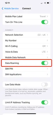 Screenshot of the Data Roaming option with the toggle switched on for the Travel eSIM.