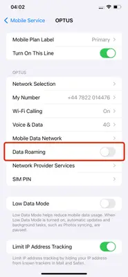 Screenshot showing the 'Data Roaming' option being turned OFF in iPhone Settings.