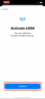 Screenshot of the 'Continue' button after scanning the QR code for eSIM activation.