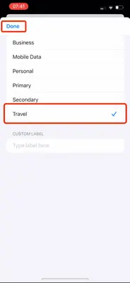 Screenshot showing the option to set the eSIM label to 'Travel' and select 'Done.'