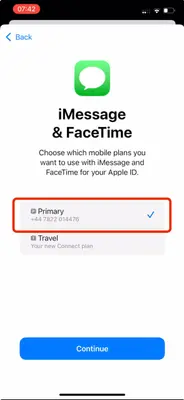 Screenshot showing the option to set iMessage and FaceTime to Primary and continue.