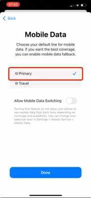 Screenshot showing the option to set mobile data to Primary and select 'Done.'