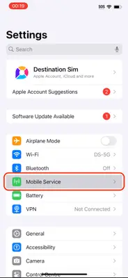 Screenshot showing the 'Mobile Service' option in settings on iPhone.